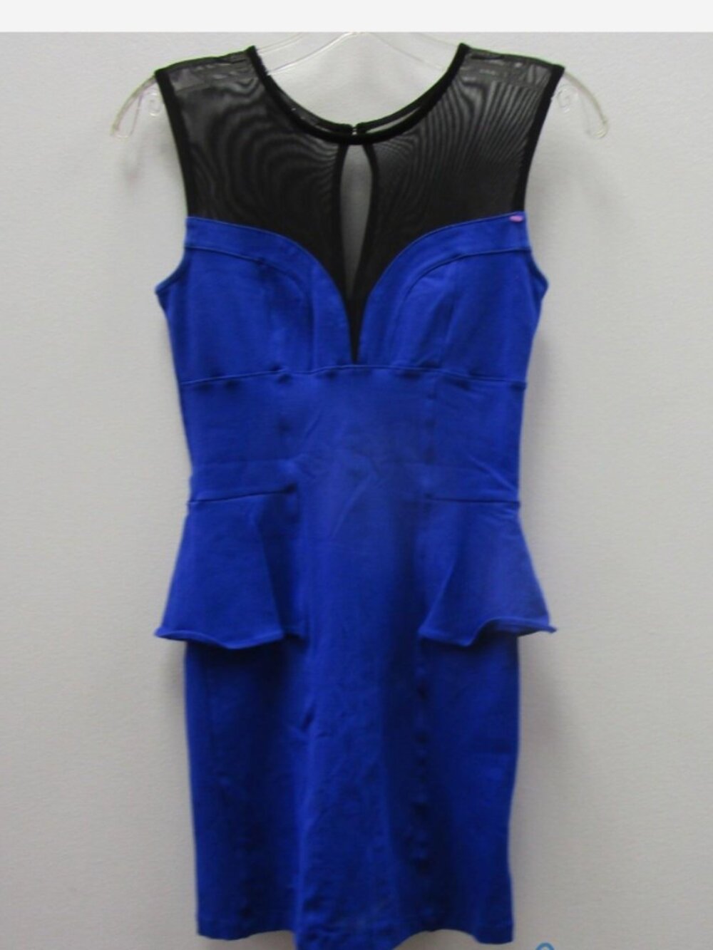 ✨ BEBE Royal Blue Mesh Illusion Neck Peplum Bodycon Bandage Dress XS ✨